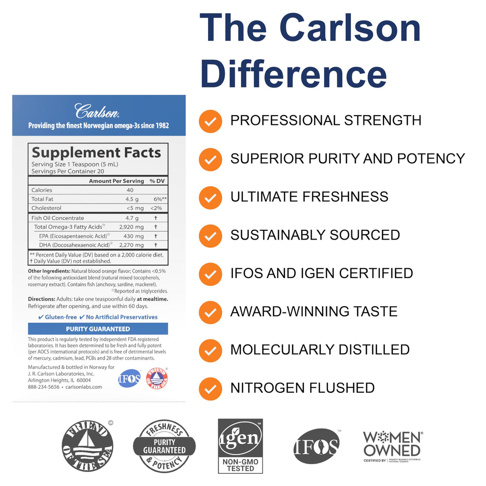 Carlson Elite DHA teaspoon measure, ideal for accurate, consistent DHA supplementation.