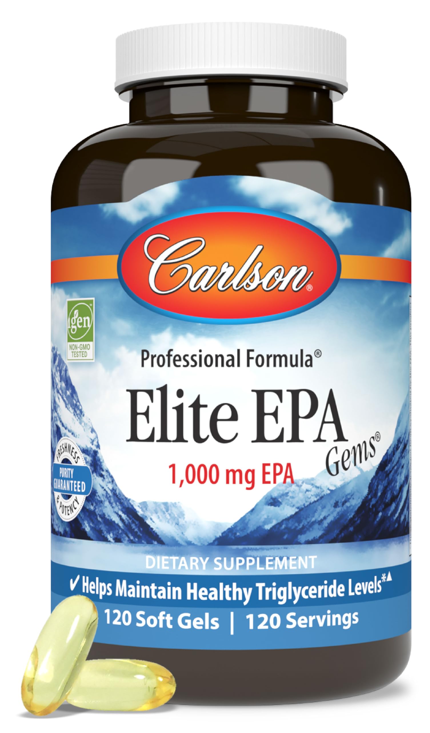 Carlson Elite EPA Gems bottle front showing 1000 mg EPA per soft gel for daily support