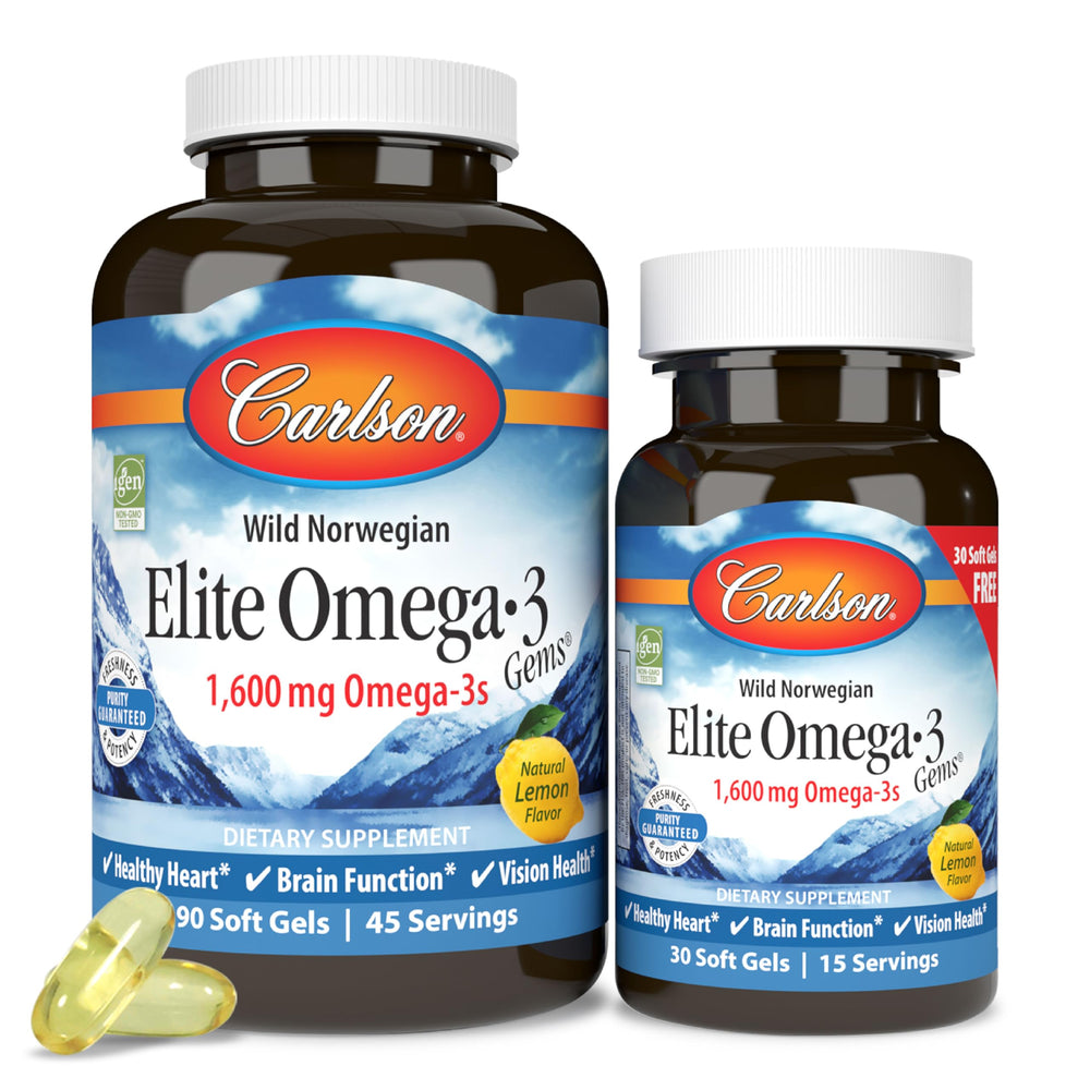 Carlson Elite Omega-3 Gems bottle front, convenient daily softgel supplement.