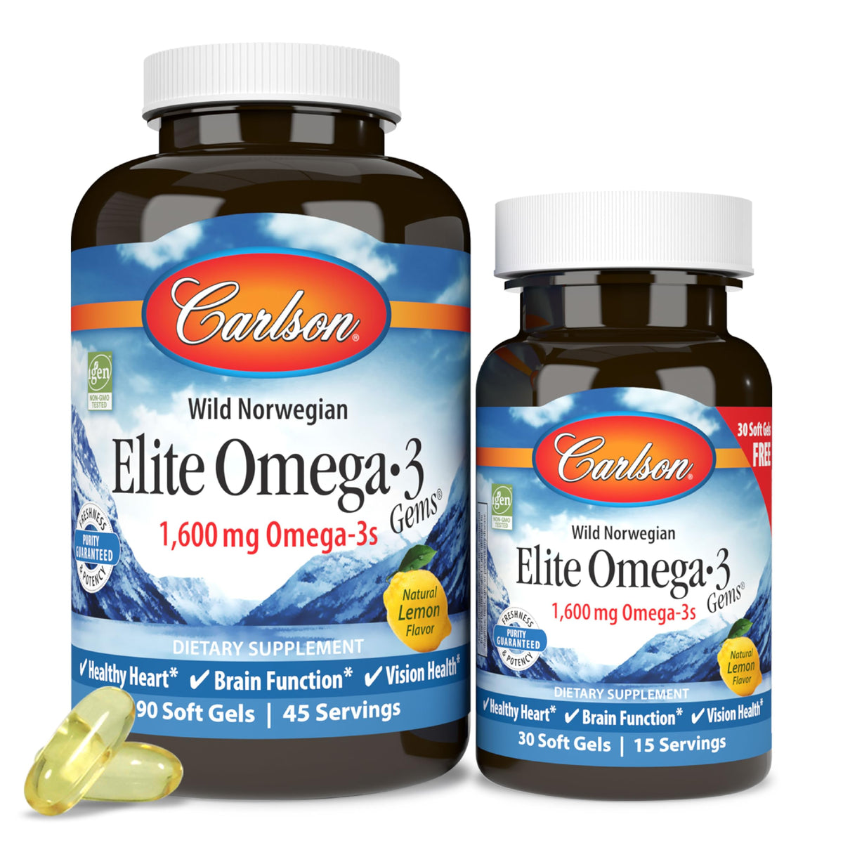 Carlson Elite Omega-3 Gems bottle front, convenient daily softgel supplement.