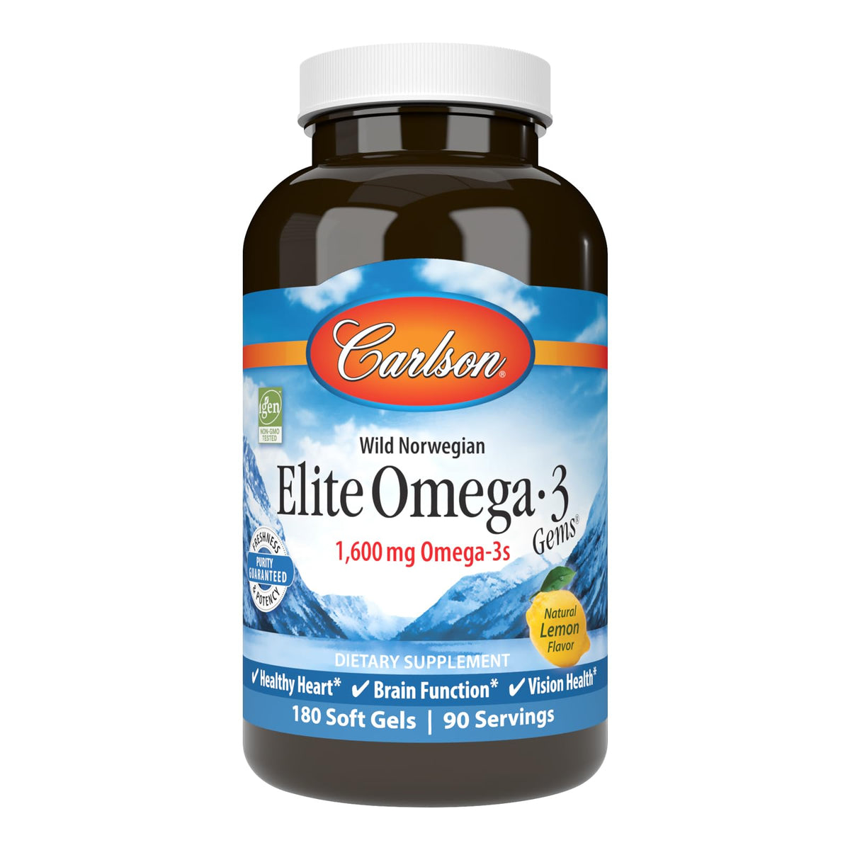 Carlson Elite Omega-3 Gems bottle front with lemon flavor for easy daily intake.