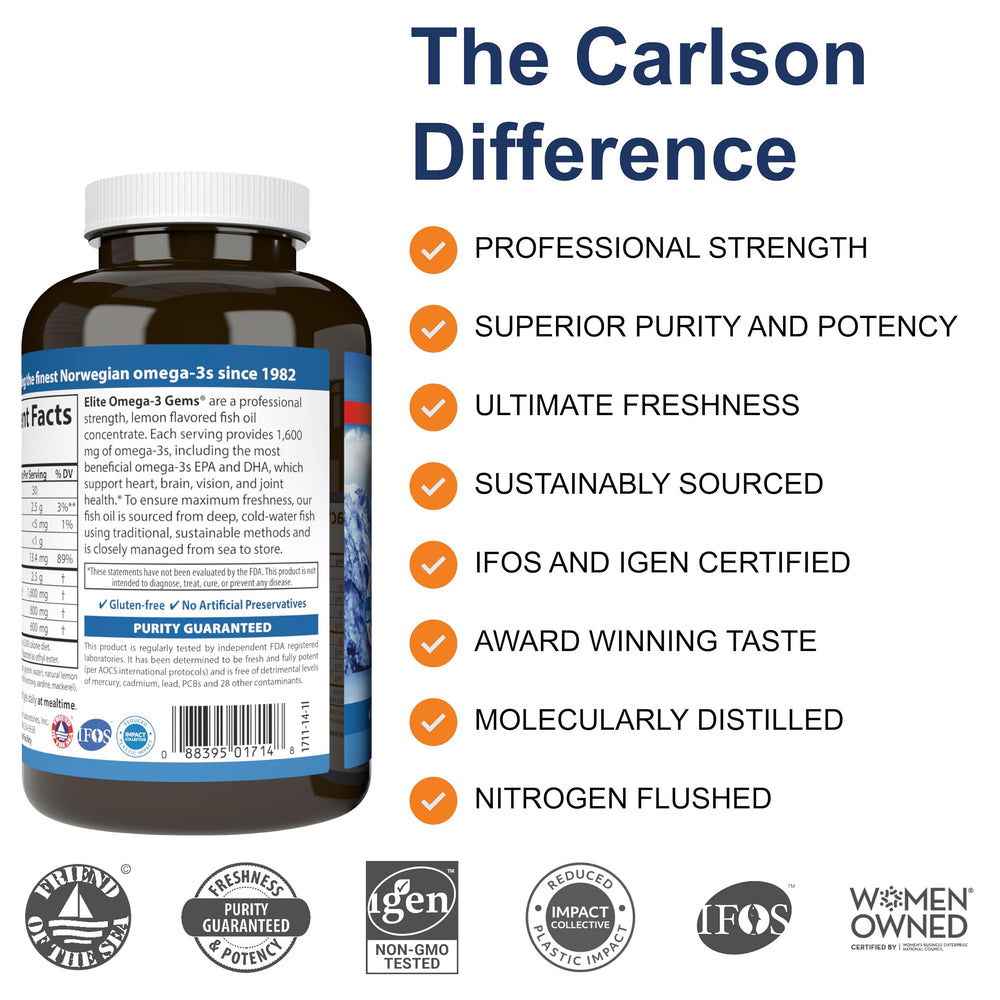 Carlson Elite Omega-3 Gems bottle side, easy to swallow capsules for busy mornings.