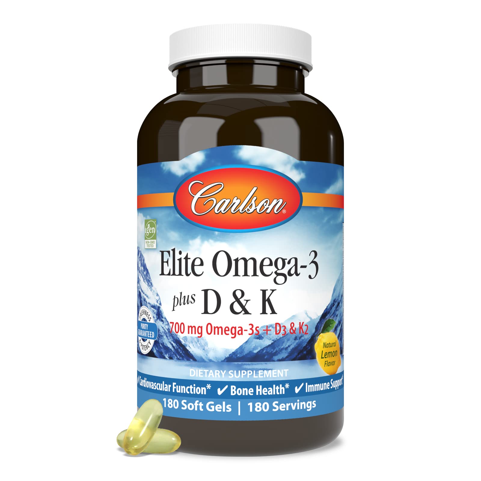 Carlson Elite Omega-3 Plus D & K bottle pour closeup for convenient dosing