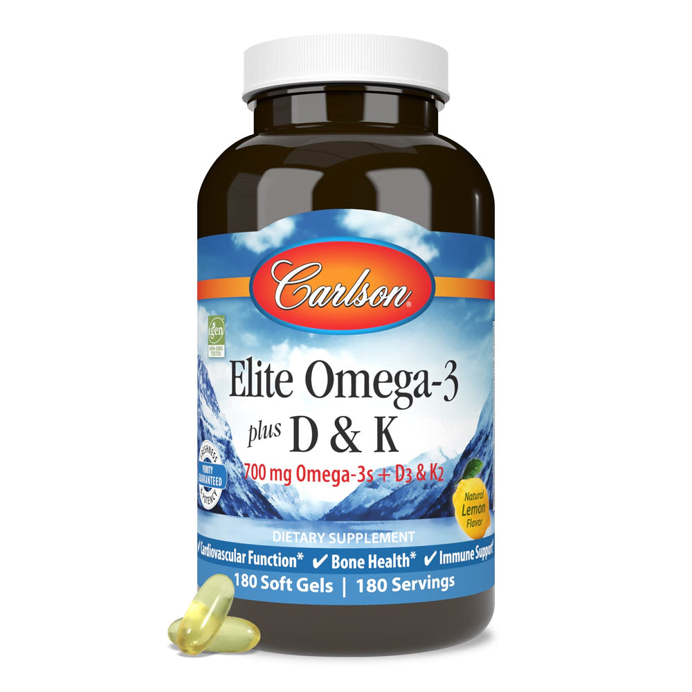 Carlson Elite Omega-3 Plus D & K bottle pour closeup for convenient dosing