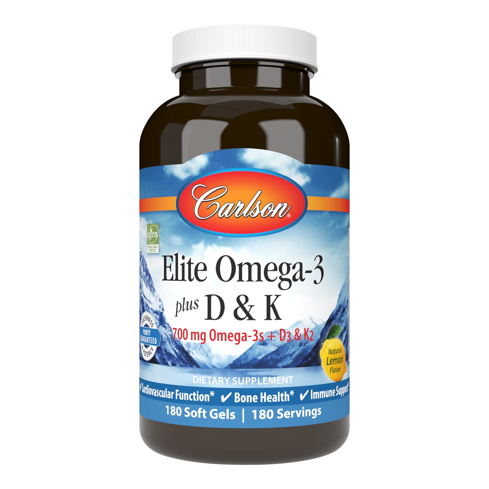 Carlson Elite Omega-3 Plus D & K lemon bottle for daily omega-3 intake with bone health support