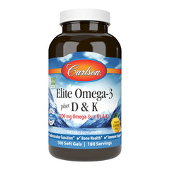 Carlson Elite Omega-3 Plus D & K lemon bottle for daily omega-3 intake with bone health support