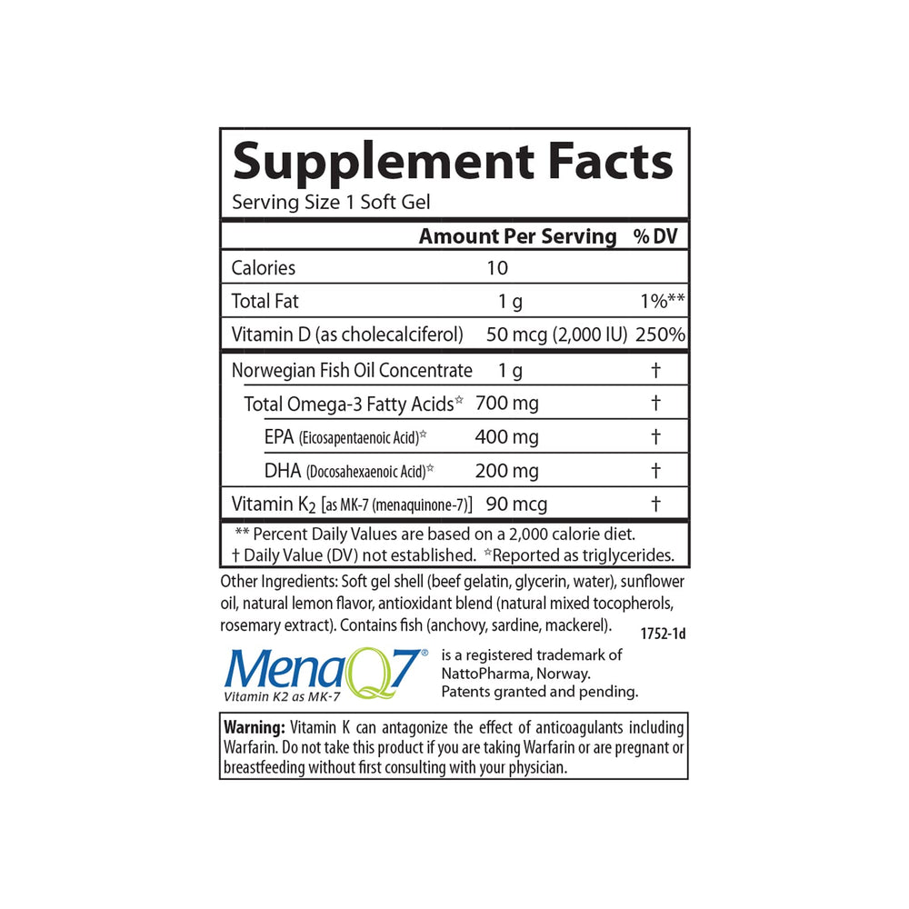 Carlson Elite Omega-3 Plus D & K lemon flavor packaging for easy daily supplementation