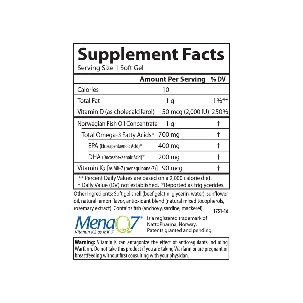 Carlson Elite Omega-3 Plus D & K lemon label detail emphasizes D3 and MK-7 K2.