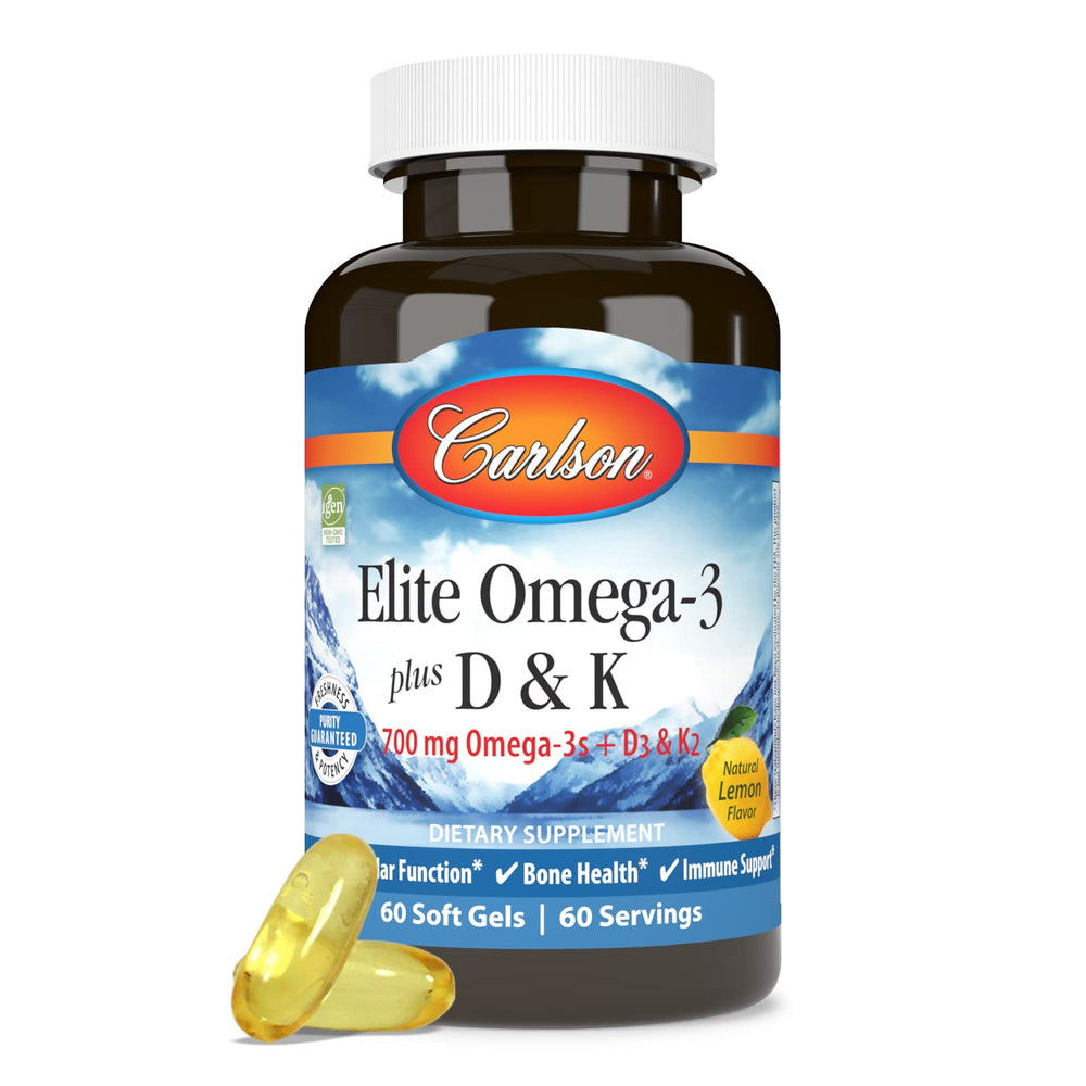Carlson Elite Omega-3 Plus D & K lemon nutrition panel underscores purity and potency.