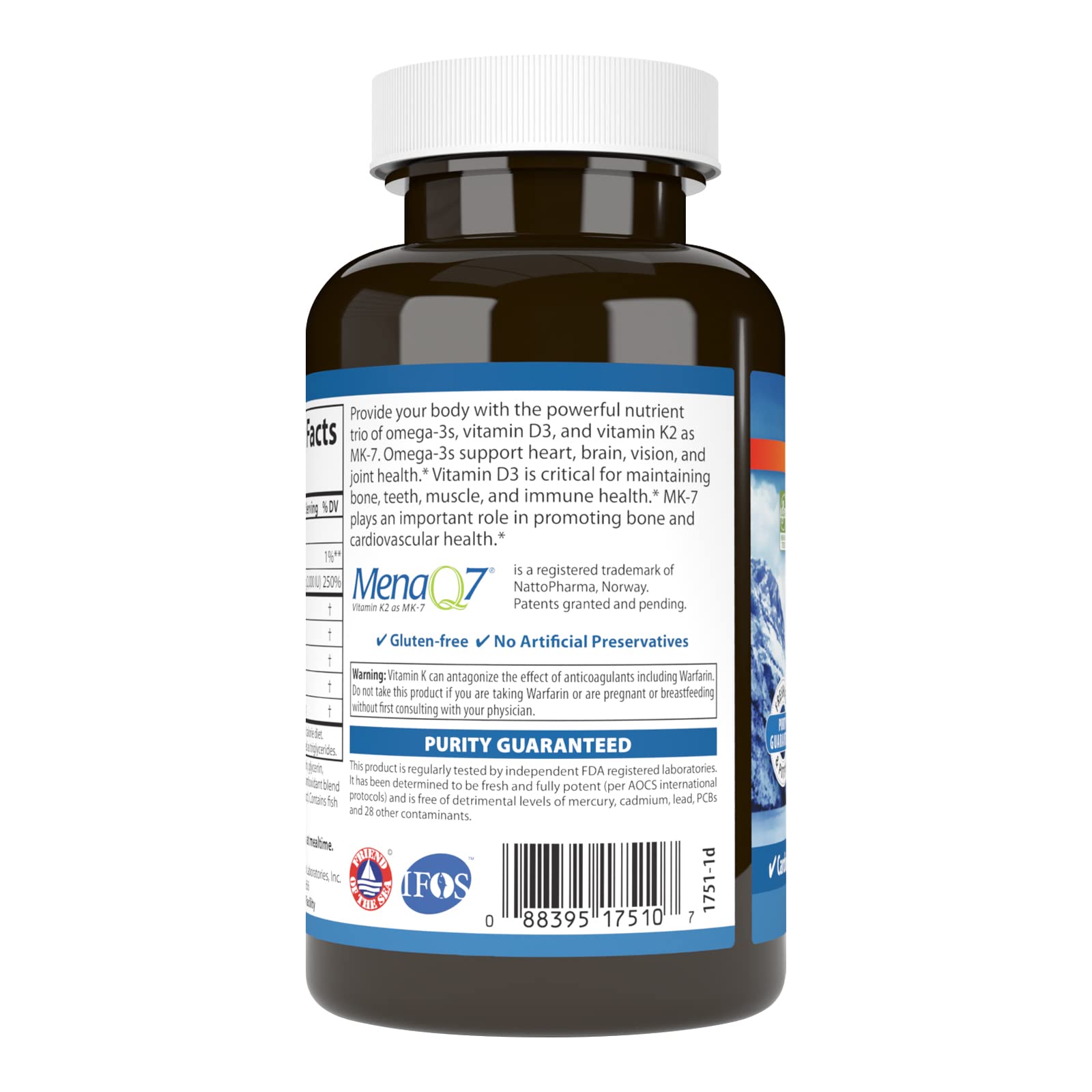 Carlson Elite Omega-3 Plus D & K closeup highlights EPA and DHA content for daily nourishment.