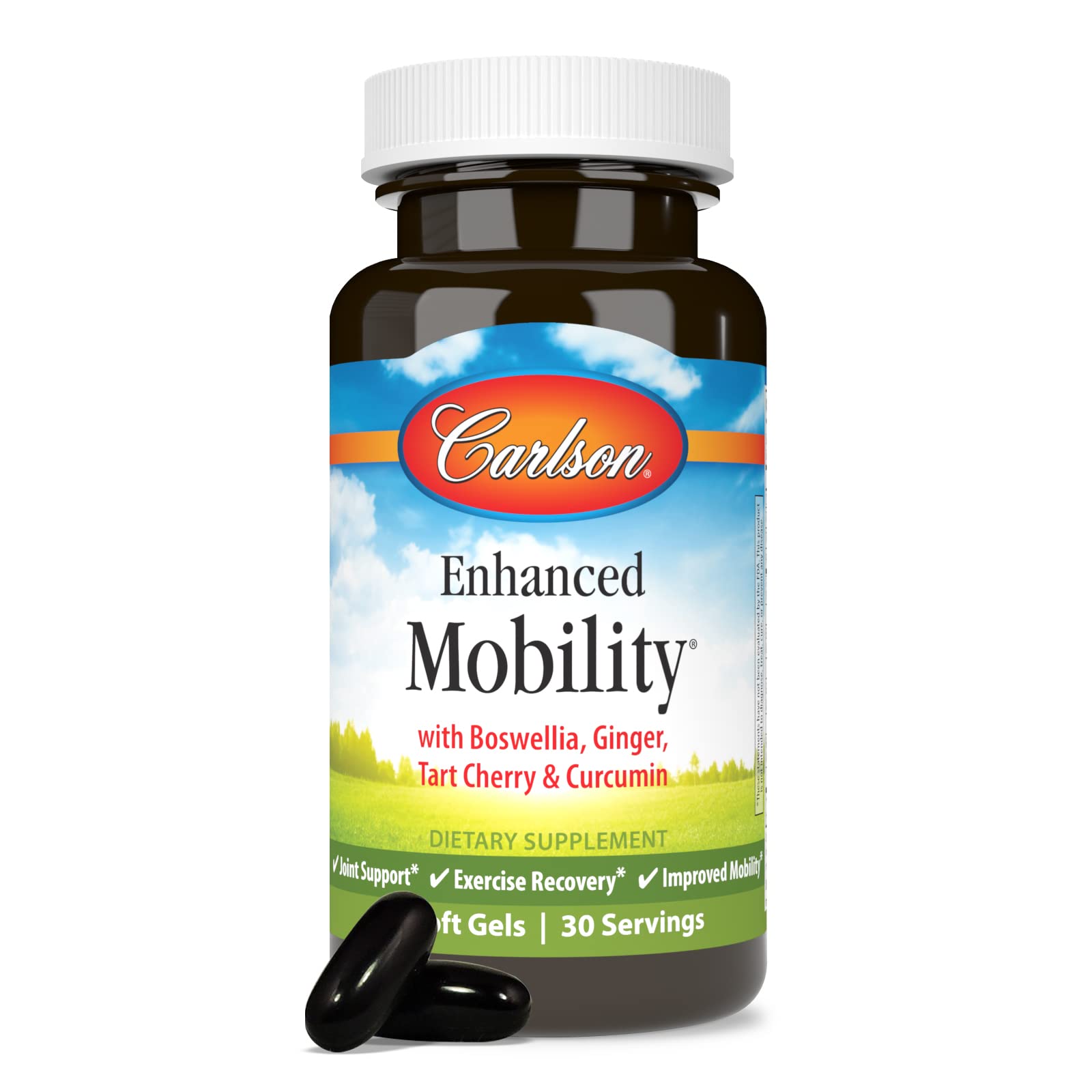 Carlson Enhanced Mobility bottle on a wood surface with label visible.