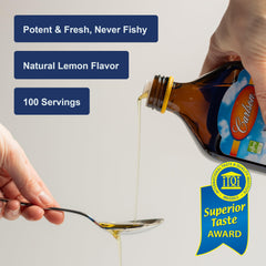 Carlson fish oil measuring spoon demonstrates precise teaspoon serving