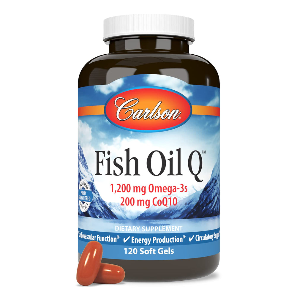CoQ10 ingredient label on Carlson Fish Oil Q bottle for integrated nutrition.
