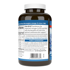 Close-up of Carlson Fish Oil Q label highlighting omega-3s and CoQ10.