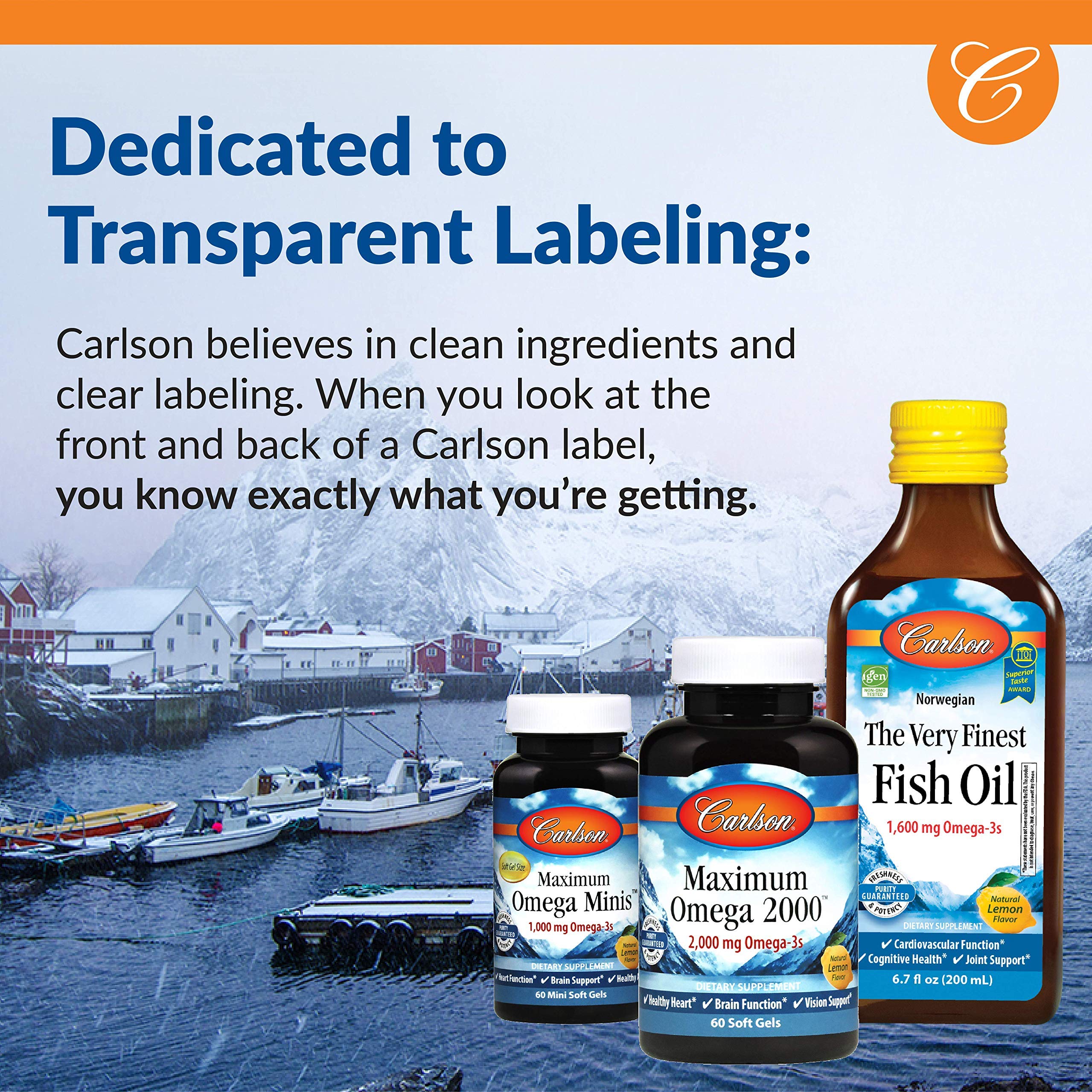 Nutrition facts panel of Carlson Fish Oil Q bottle with dosing guidance.