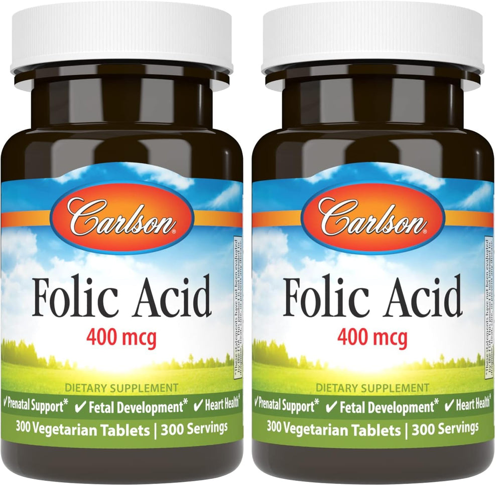 Carlson folic acid 400 mcg bottle front supports prenatal health.