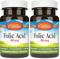 Carlson folic acid 400 mcg bottle front supports prenatal health.