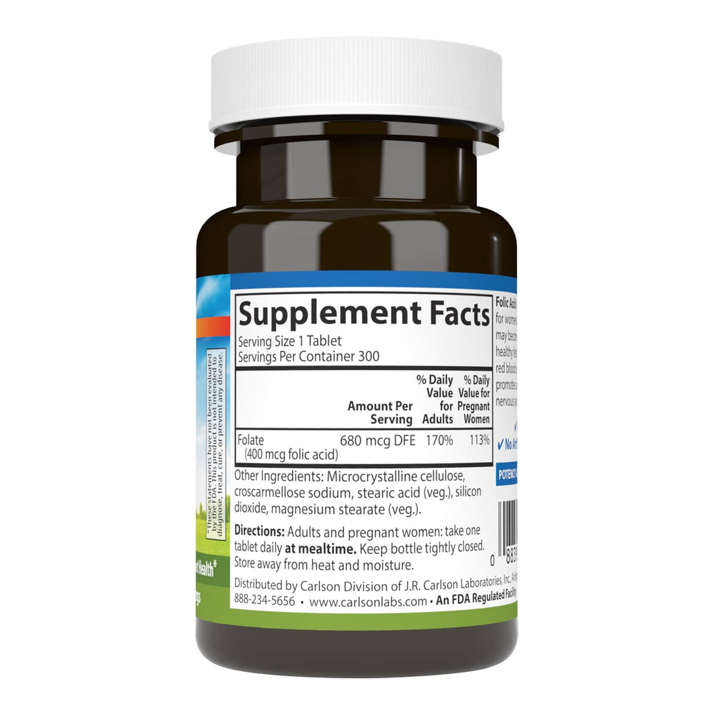Carlson folic acid 400mcg tablets closeup reveals dose details for easy use.