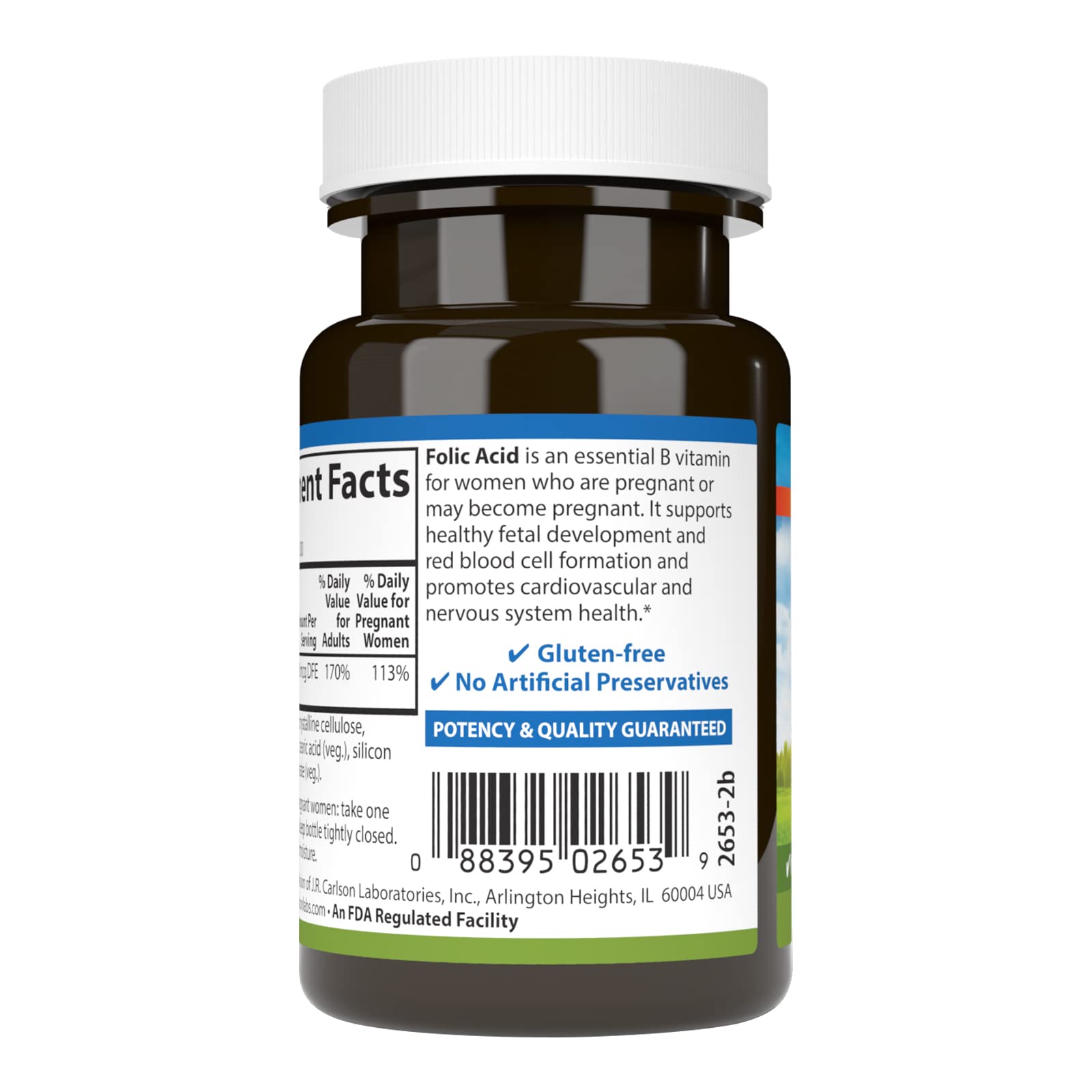 Carlson folic acid label highlights potency and B-complex blend.