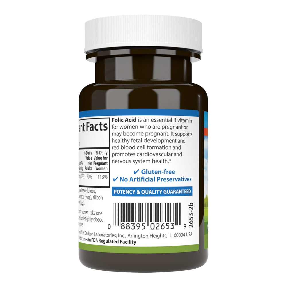 Carlson folic acid label highlights potency and B-complex blend.