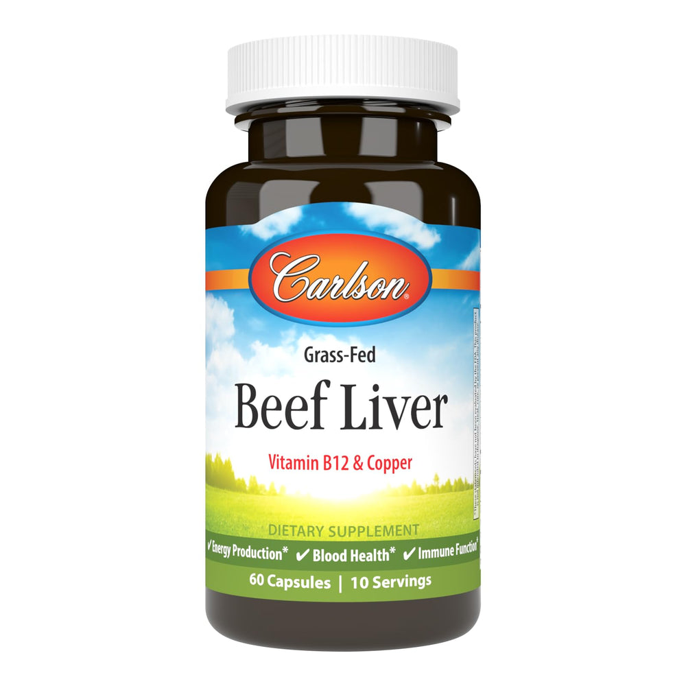 Carlson grass-fed beef liver capsules bottle for daily energy support.