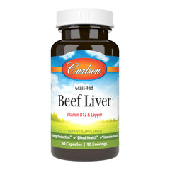 Carlson grass-fed beef liver capsules bottle for daily energy support.