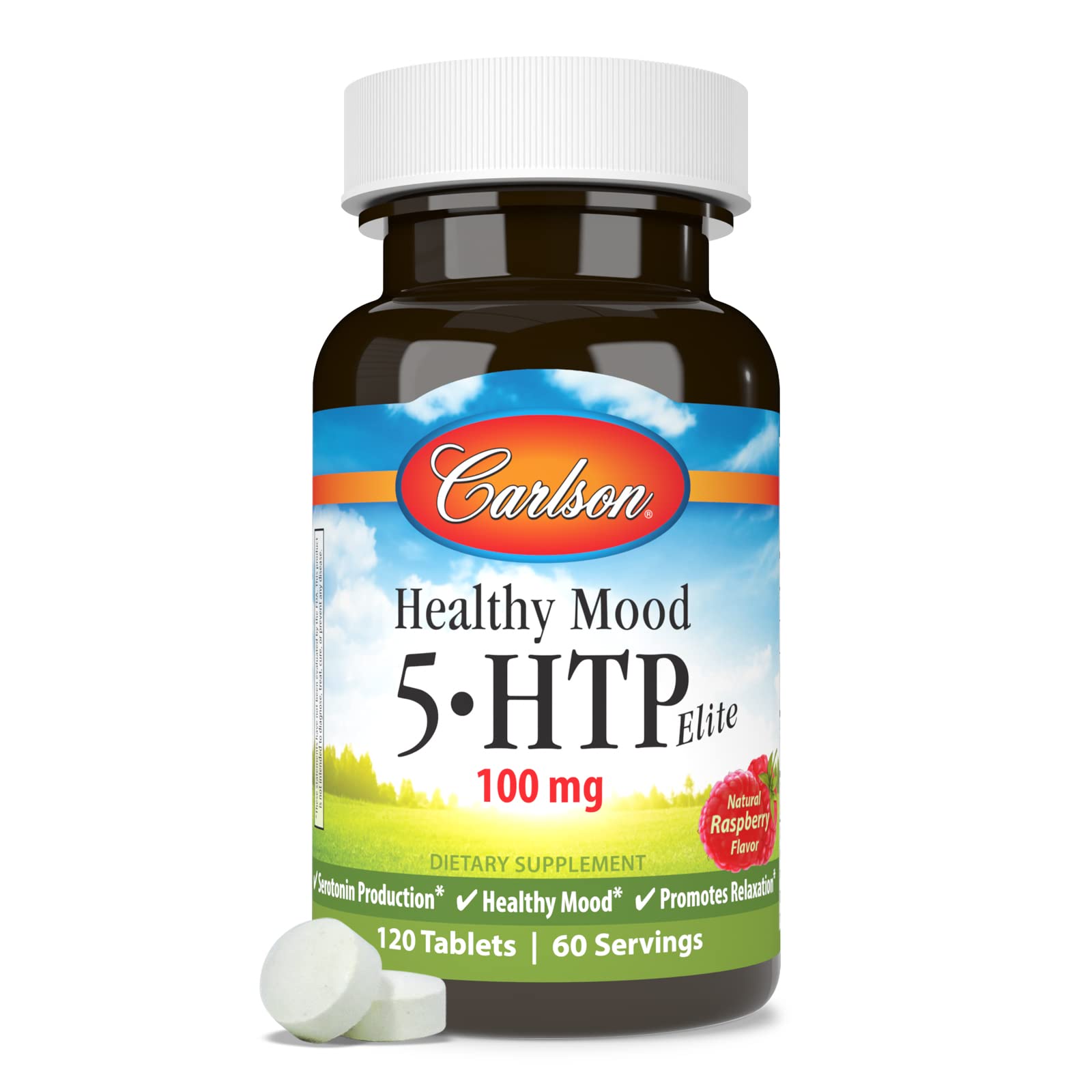 Packaging of Carlson Healthy Mood 5-HTP Elite showing potency and quality