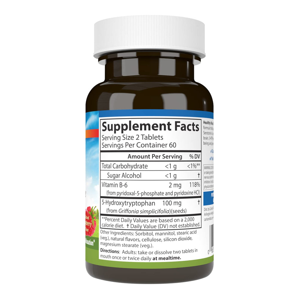 Close-up of Carlson 5-HTP Elite tablets highlighting raspberry flavor