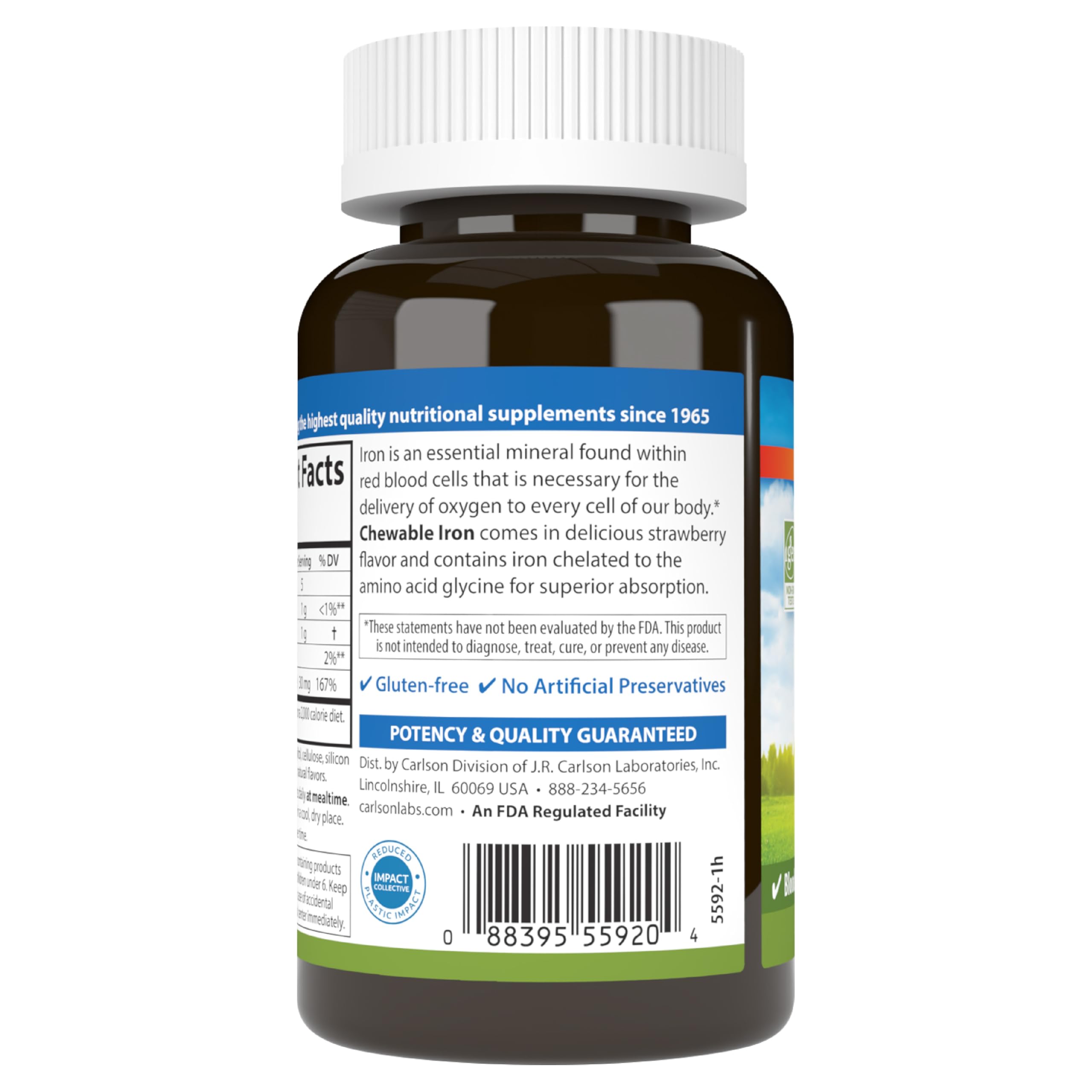 Carlson immune support and energy concept illustration featuring 30 mg iron.