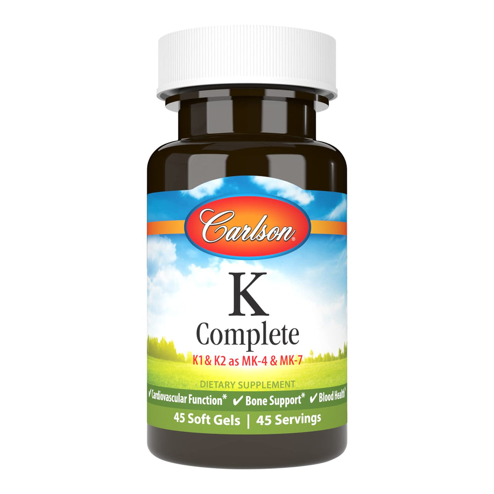 Carlson K Complete bottle pour with MK-4 and MK-7 softgels for bone and heart health support.