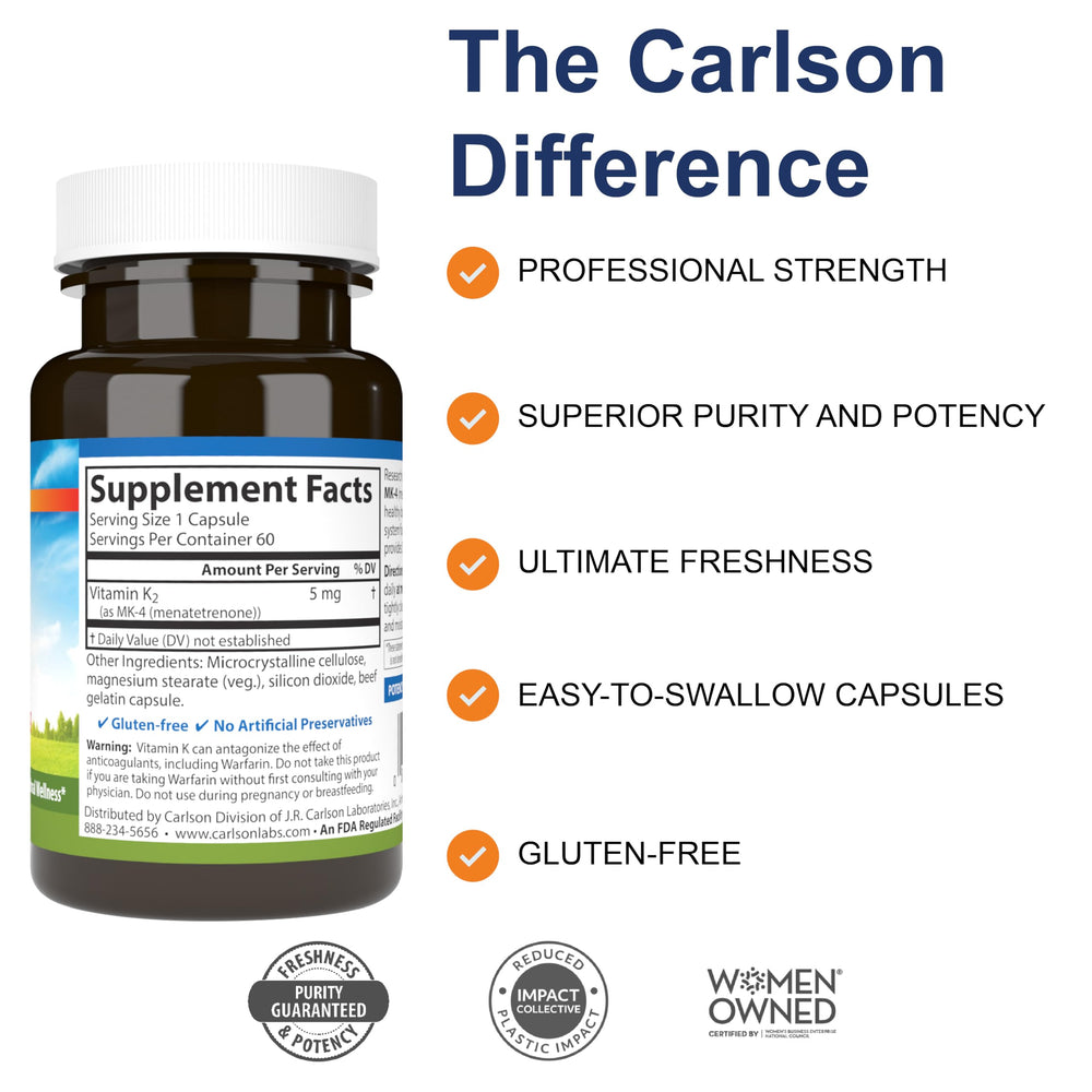 Carlson K2 MK-4 capsules ready for daily bone and vascular support.