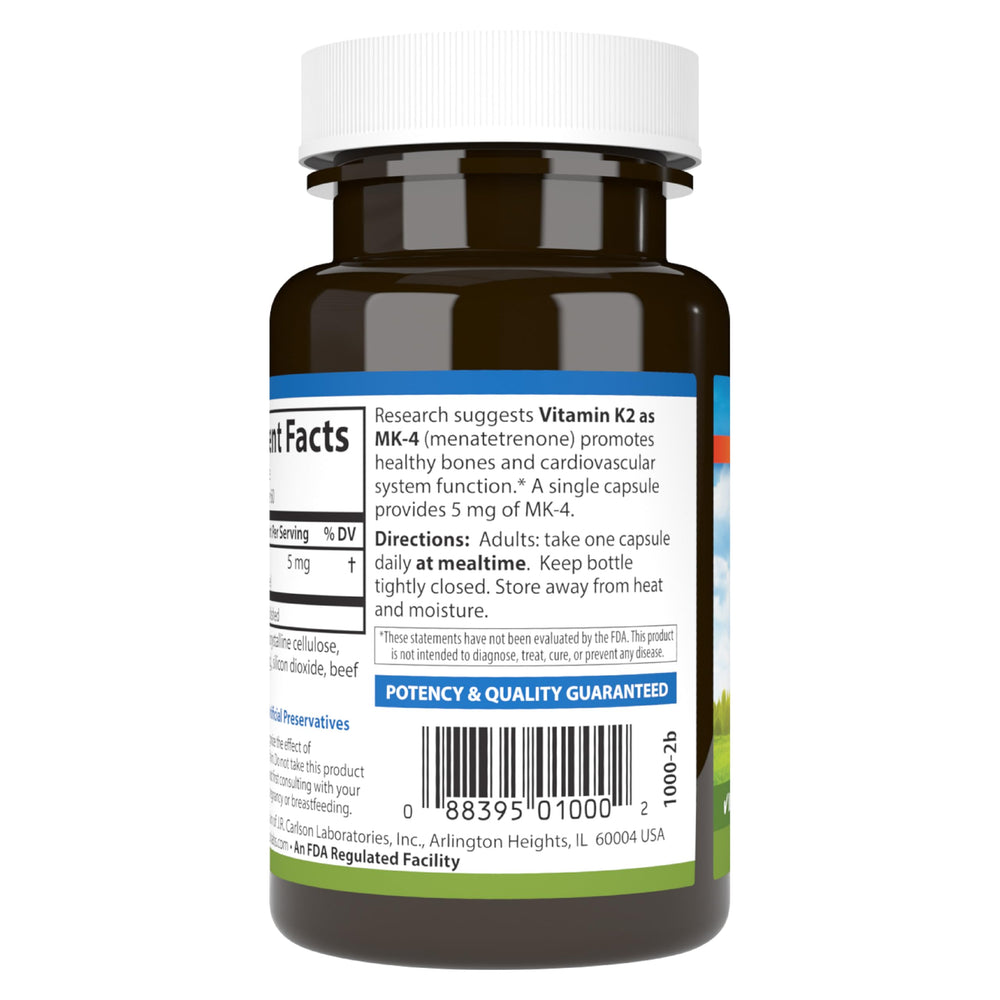 Carlson K2 MK-4 FDA-registered lab test seal assures potency.