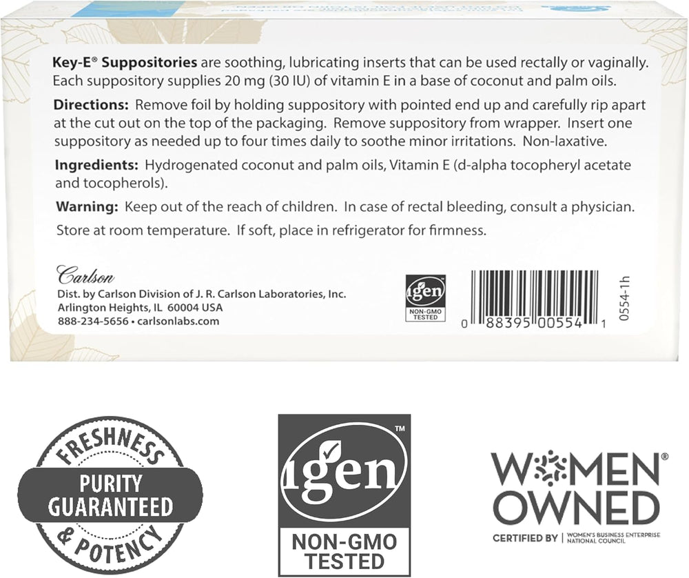 Carlson Key-E suppositories labeled non-GMO for quality-conscious shoppers.