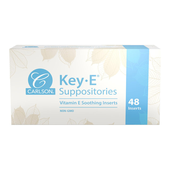 Carlson Key-E suppositories packaging emphasizes easy daily moisture care.