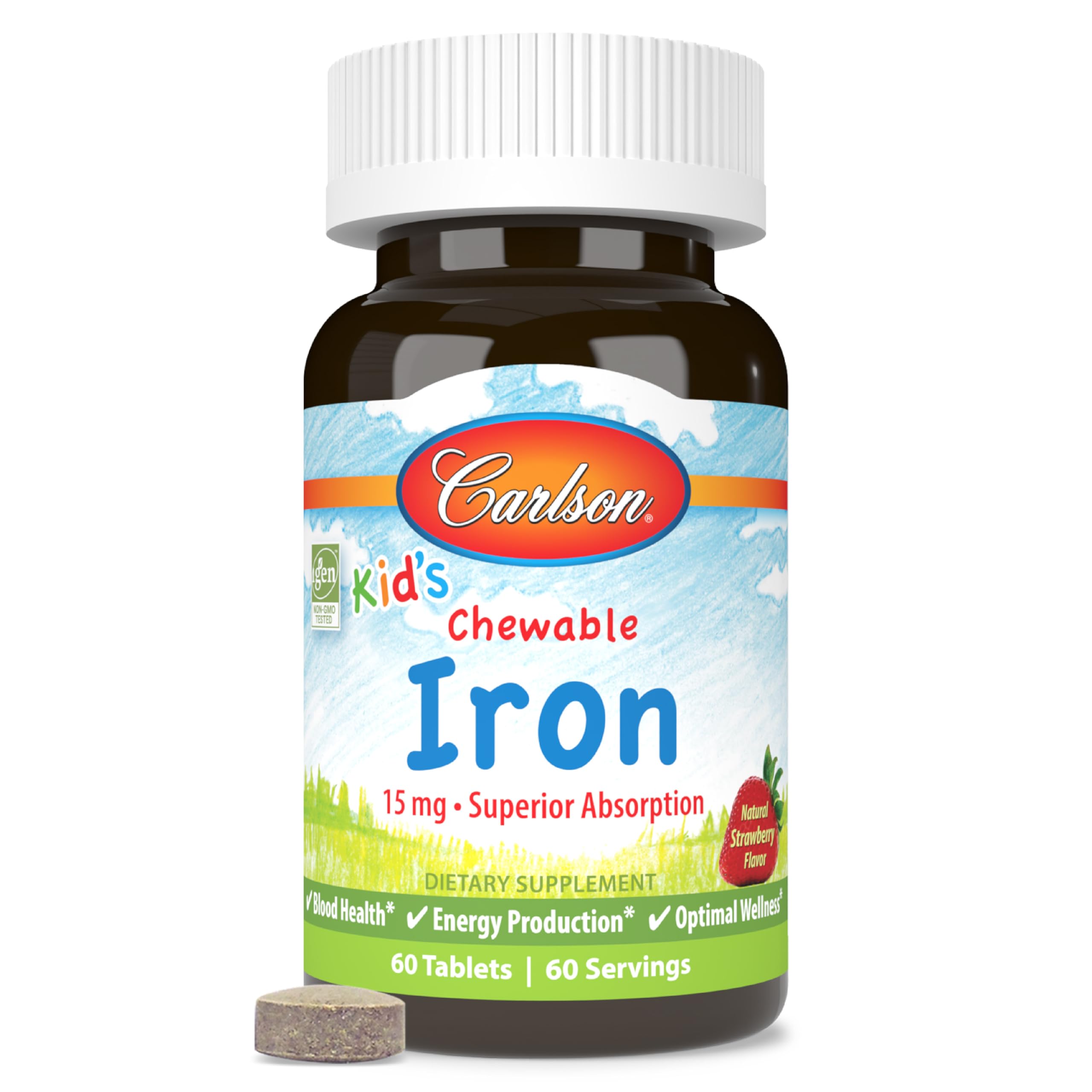 Carlson Kid's Chewable Iron bottle with strawberry flavor supports daily iron intake for kids.