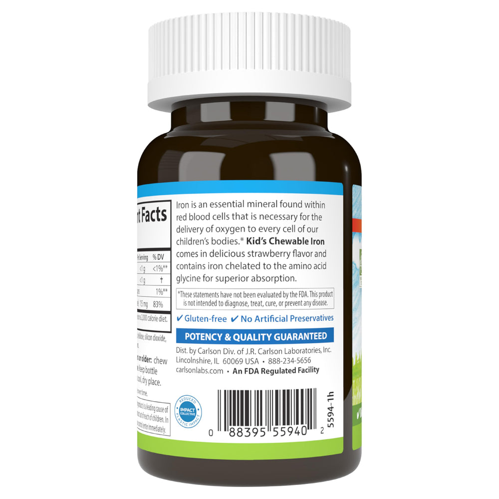 Carlson Kid's Chewable Iron morning routine setup with a glass of juice.