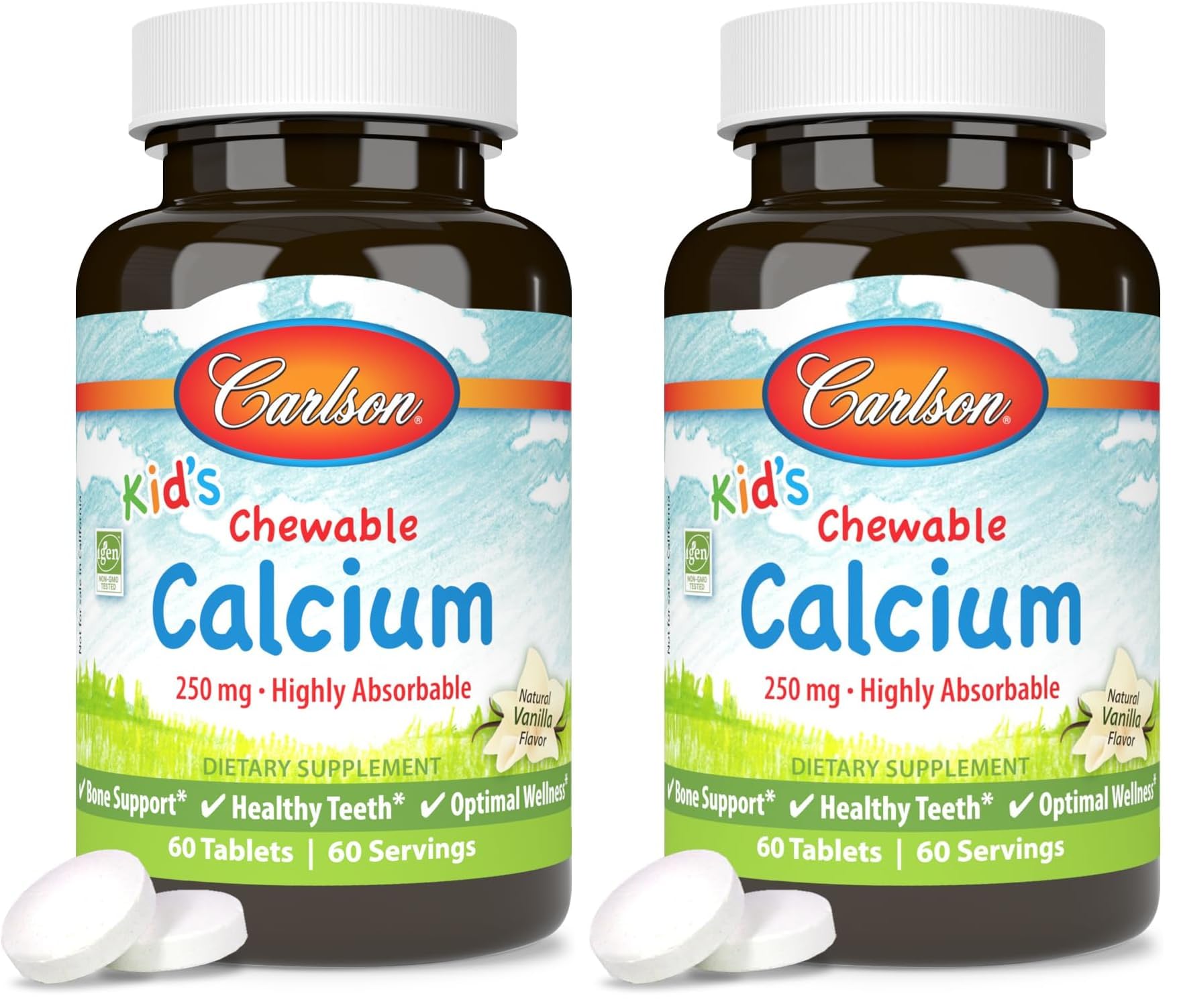 Carlson Kids chewable calcium 250 mg vanilla pack-2 is shown with per-pack servings for growing bones.