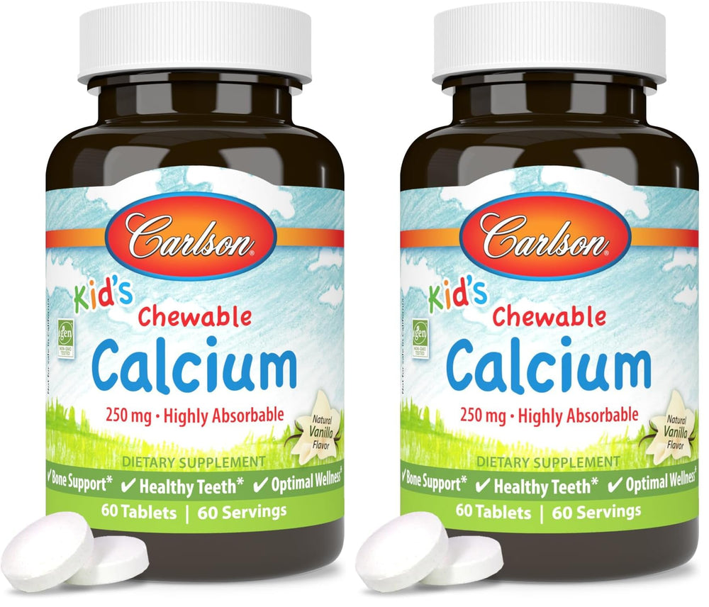 Carlson Kids chewable calcium 250 mg vanilla pack-2 is shown with per-pack servings for growing bones.