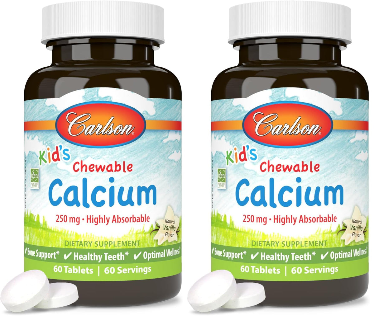 Carlson Kids chewable calcium 250 mg vanilla pack-2 is shown with per-pack servings for growing bones.