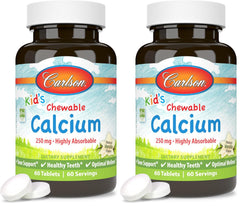 Carlson Kids chewable calcium 250 mg vanilla pack-2 is shown with per-pack servings for growing bones.