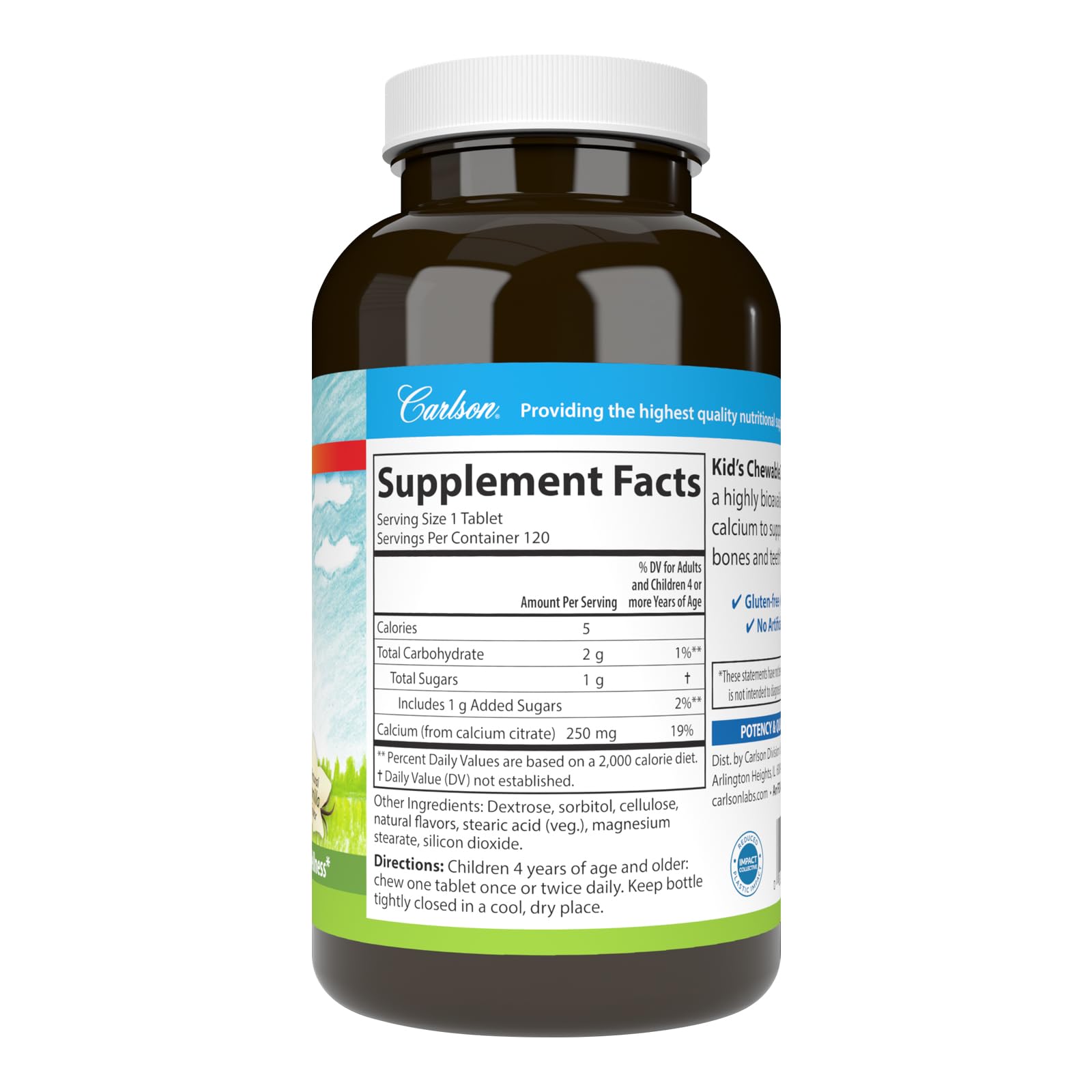 Carlson Kids Chewable Calcium vanilla dosage label view.