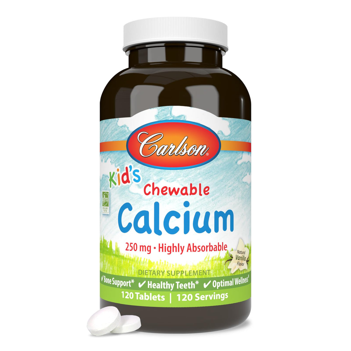 Carlson Kids Chewable Calcium vanilla tablet, supports growing bones and teeth.