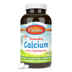 Carlson Kids Chewable Calcium vanilla tablet, supports growing bones and teeth.