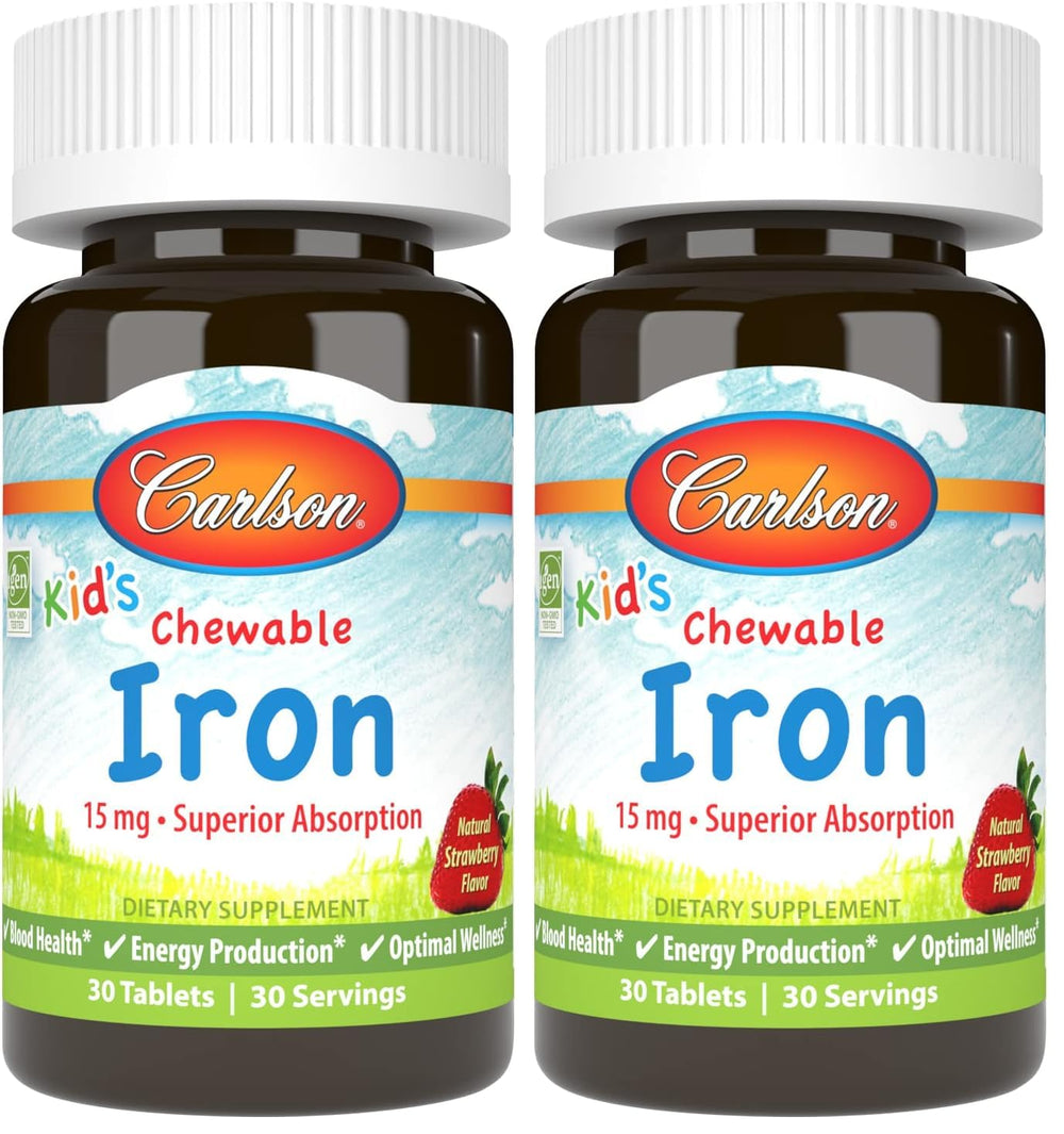 Carlson Kids Chewable Iron strawberry flavor bottle—easy daily iron for active kids.