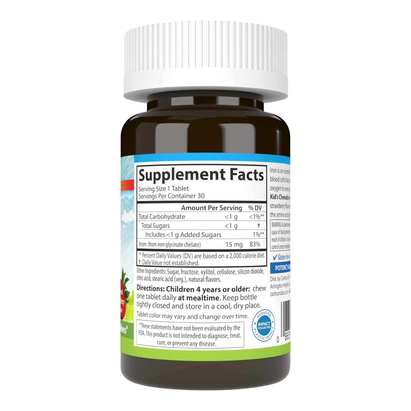 Carlson Kids Chewable Iron strawberry tablets—tasty chewables for daily iron intake.