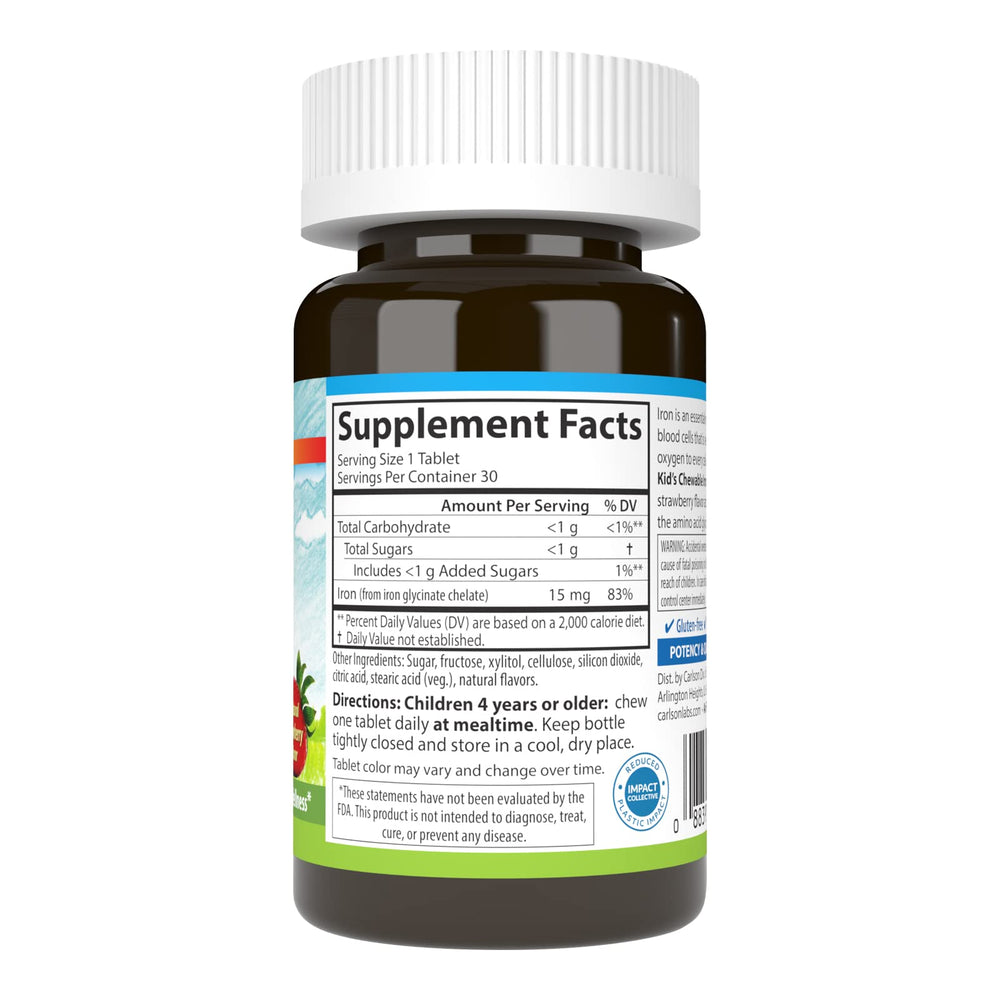 Carlson Kids Chewable Iron strawberry tablets—tasty chewables for daily iron intake.