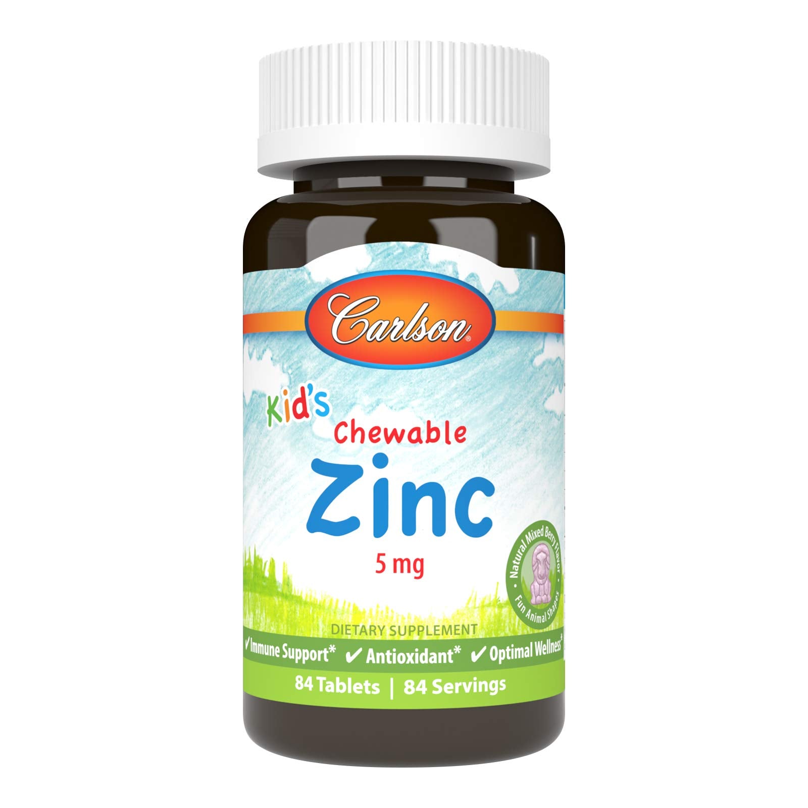 Carlson Kid's Chewable Zinc 5 mg bottle with berry flavor for easy daily supplementation.