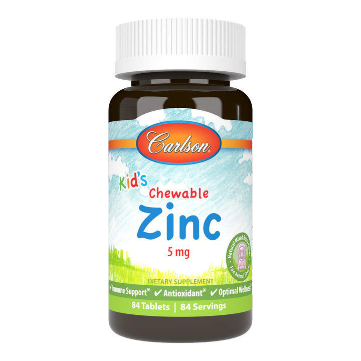 Carlson Kid's Chewable Zinc 5 mg bottle with berry flavor for easy daily supplementation.
