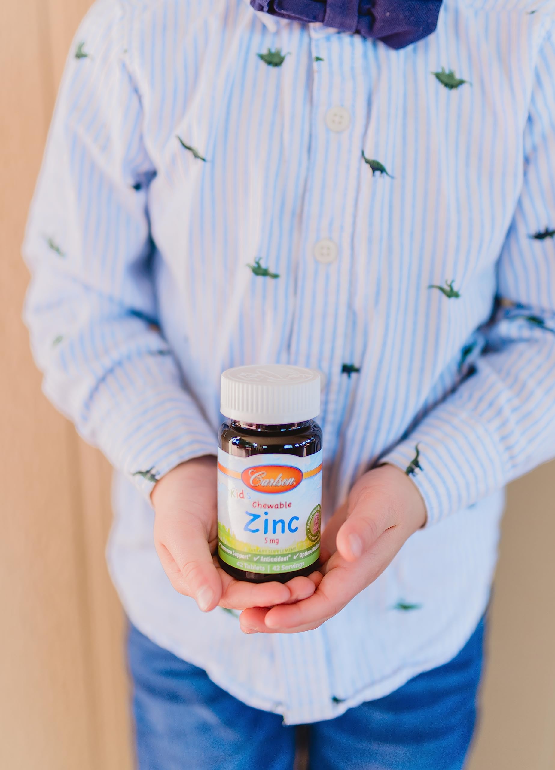 Carlson Kid's Chewable Zinc nutrition label emphasizes 5 mg per chew for clarity.