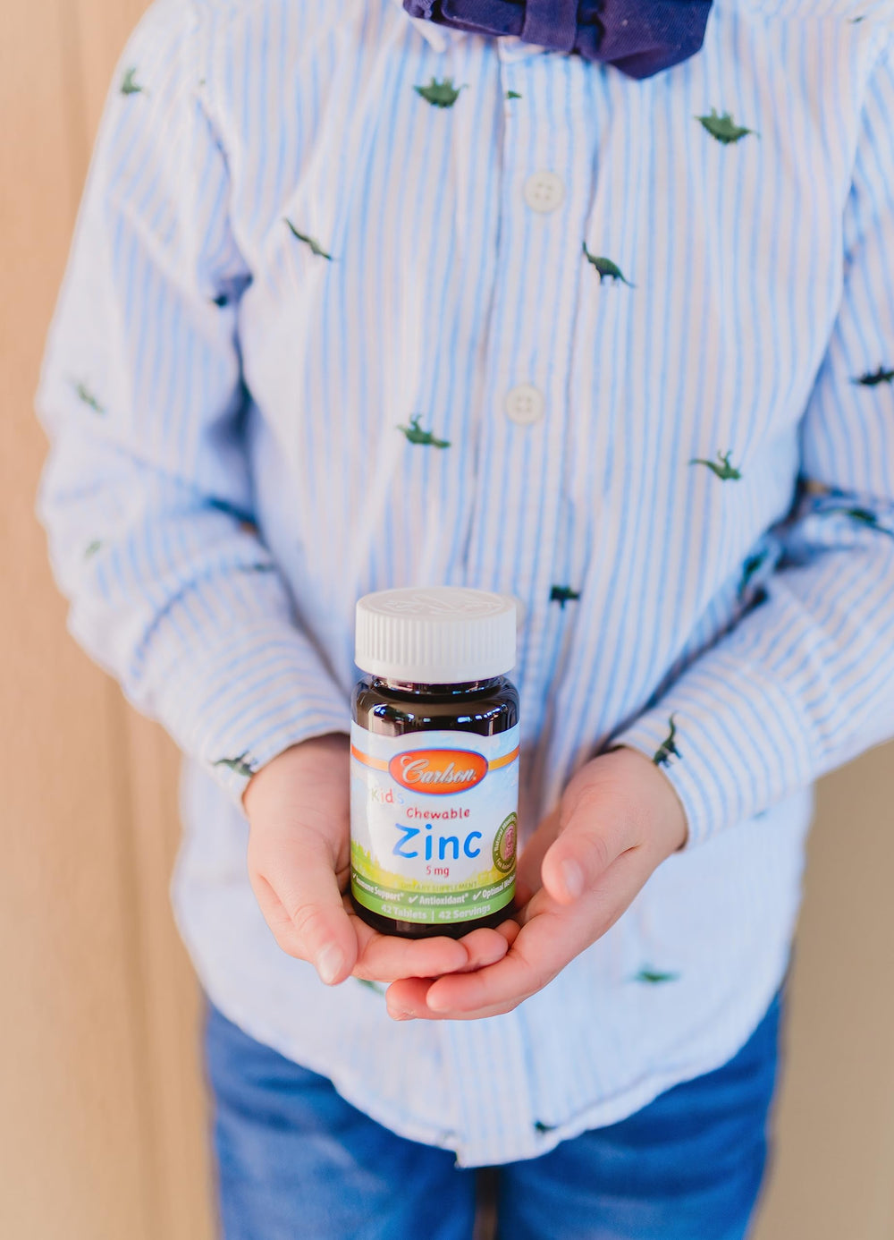 Carlson Kid's Chewable Zinc nutrition label emphasizes 5 mg per chew for clarity.